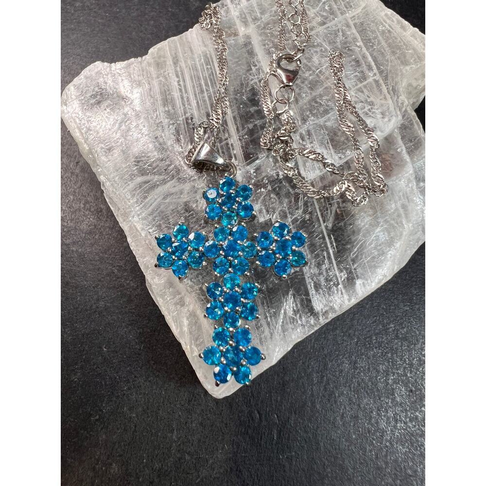 Neon Blue Apatite Rhodium Over Sterling Silver Cross Pendant With Chain 3.25ctw - Picture 4 of 16
